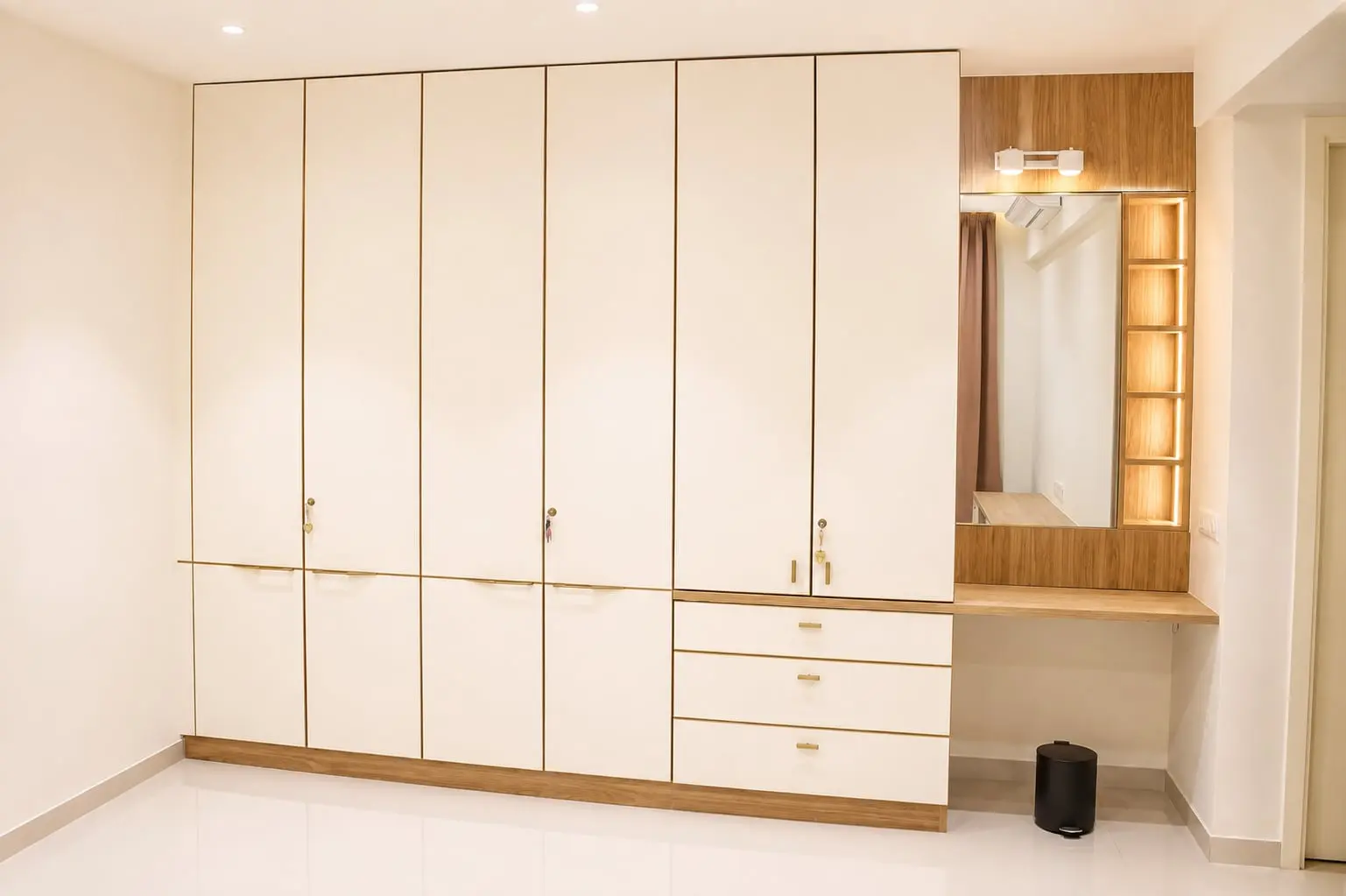 White wardrobe and dresser with lighting, Hiranandani, OMR, Chennai