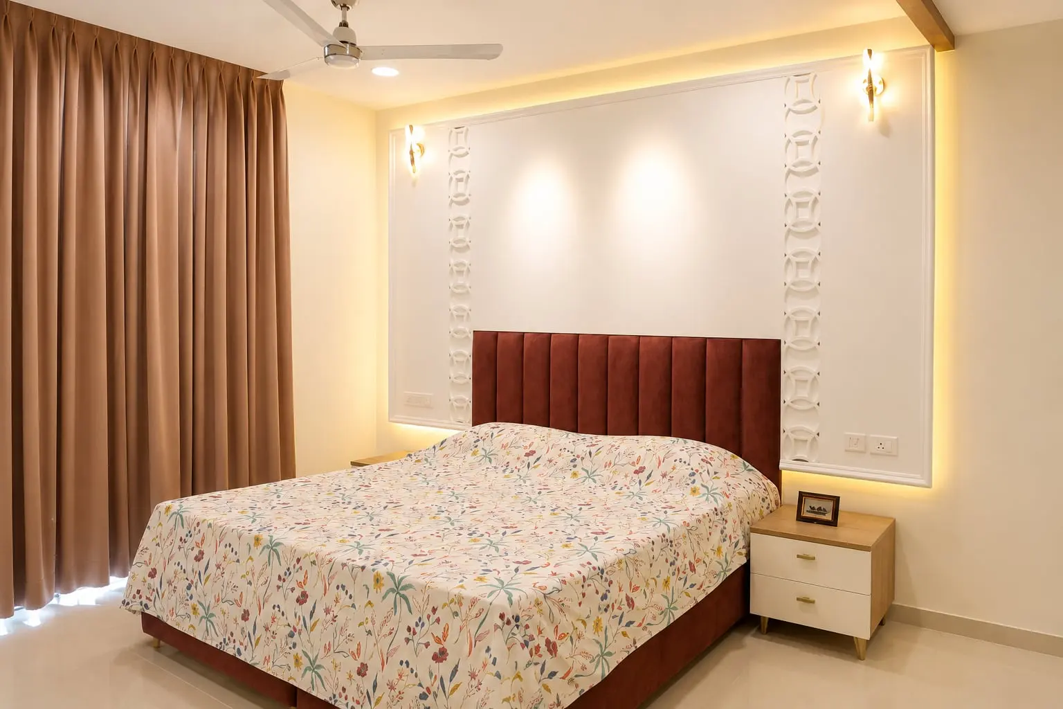 Bedroom with upholstered headboard and wall panel, Hiranandani, OMR, Chennai