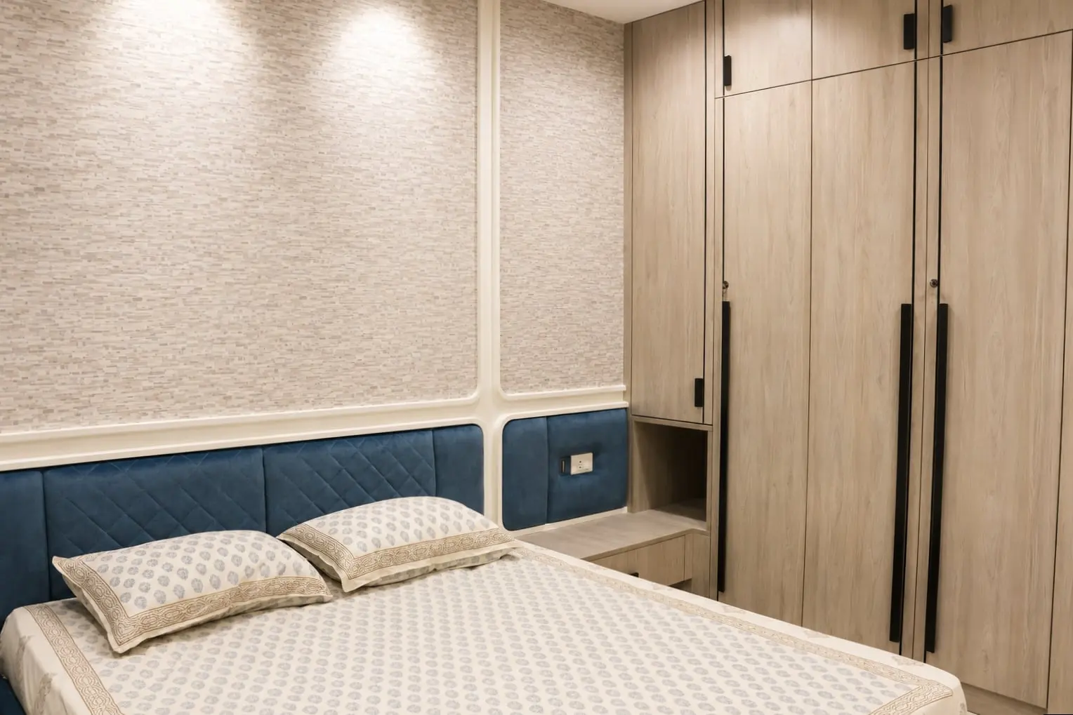 Bedroom with blue upholstered headboard, Hiranandani, OMR, Chennai