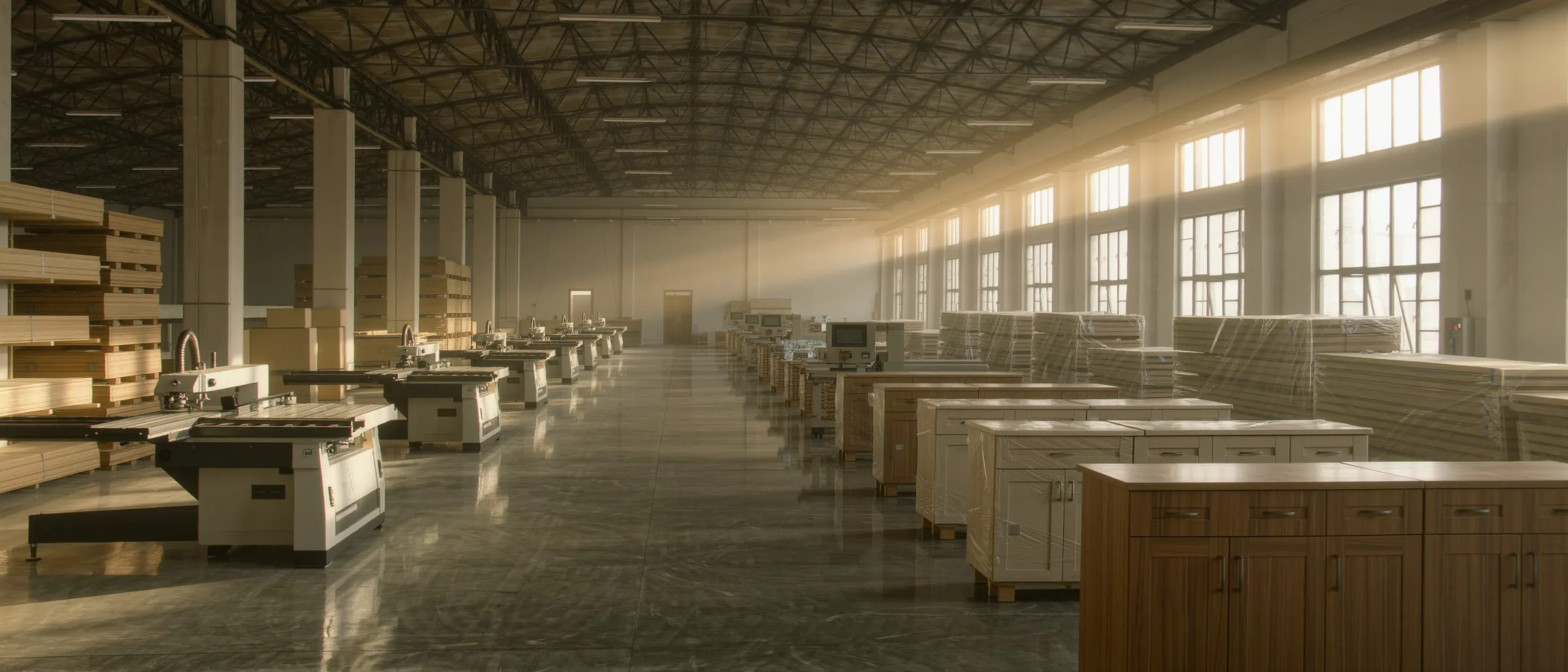 Interior manufacturing workshop with finished cabinets
