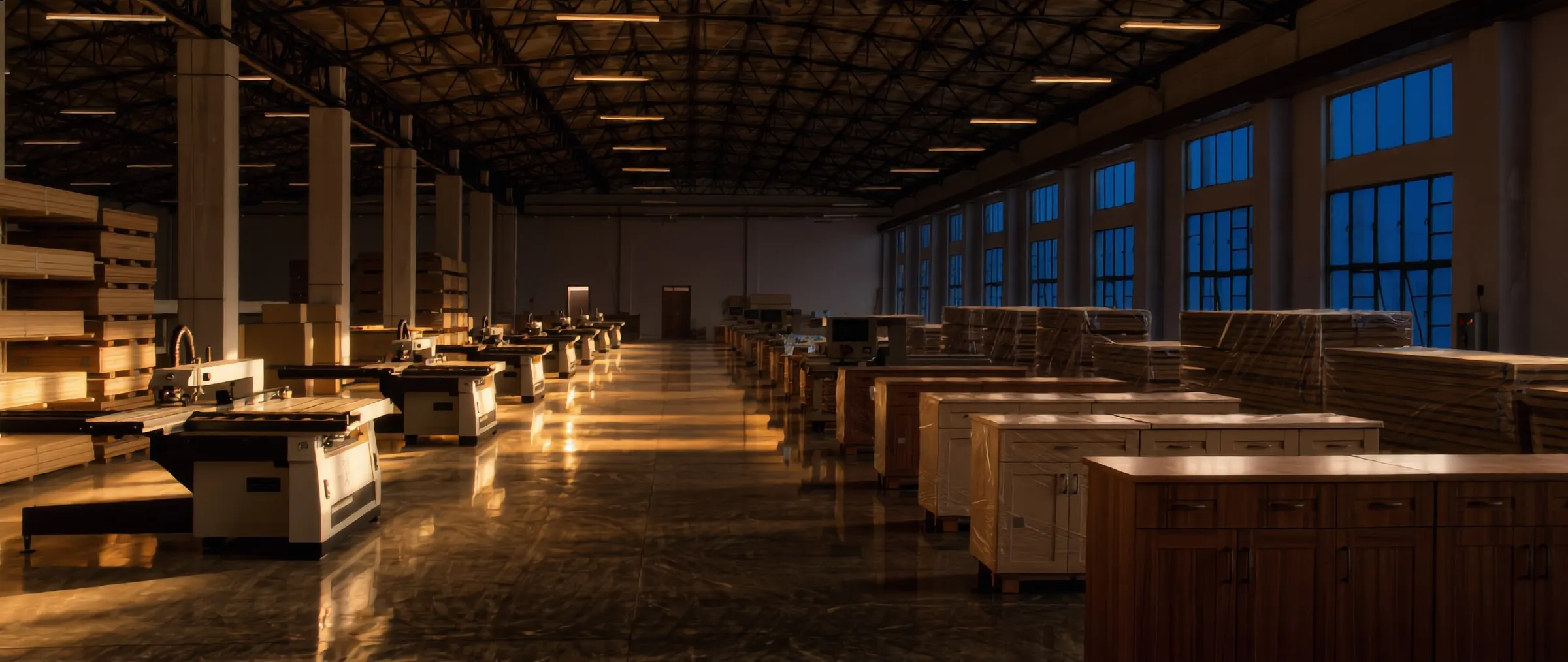 Interior manufacturing workshop with finished cabinets