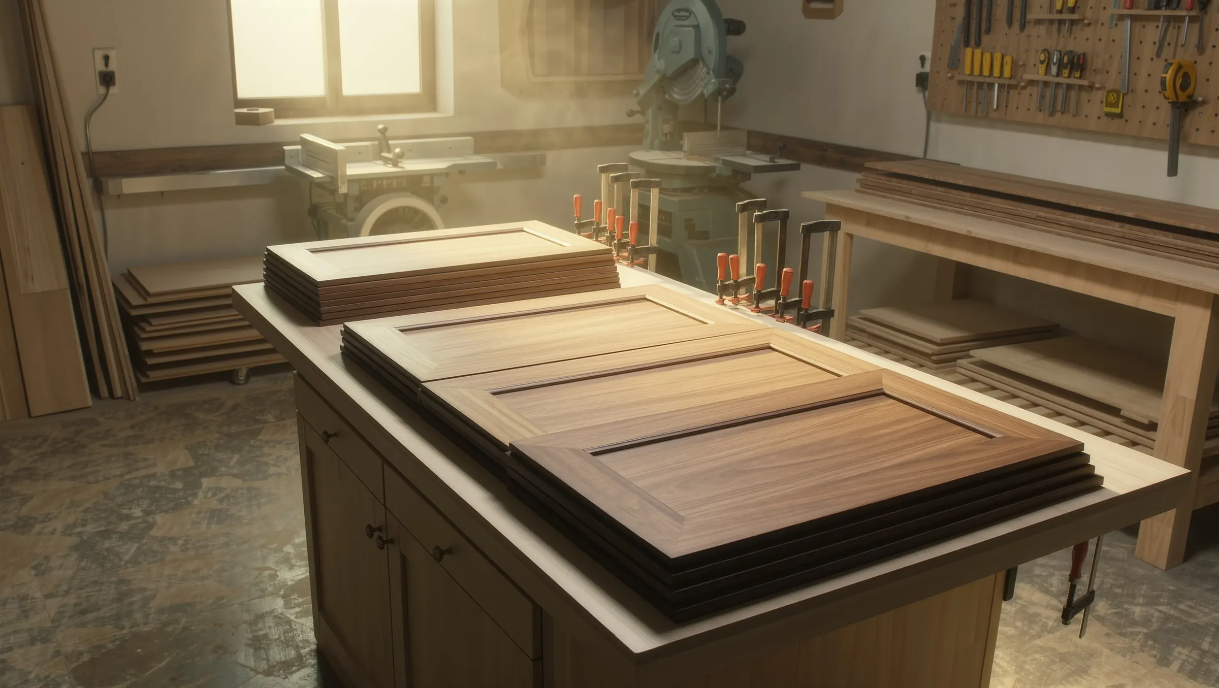 Walnut cabinet doors on a workbench in a joinery workshop
