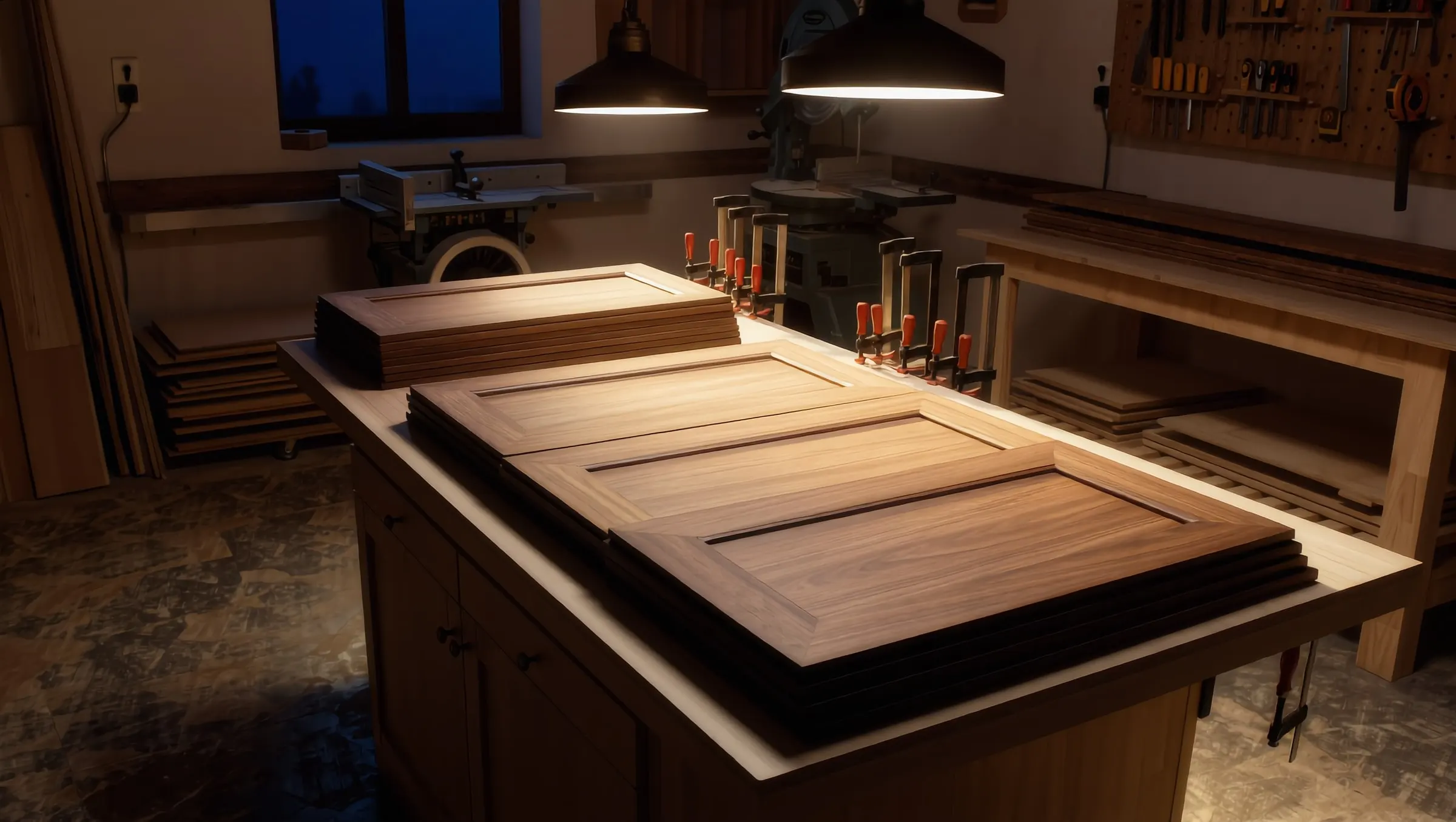Walnut cabinet doors on a workbench in a joinery workshop