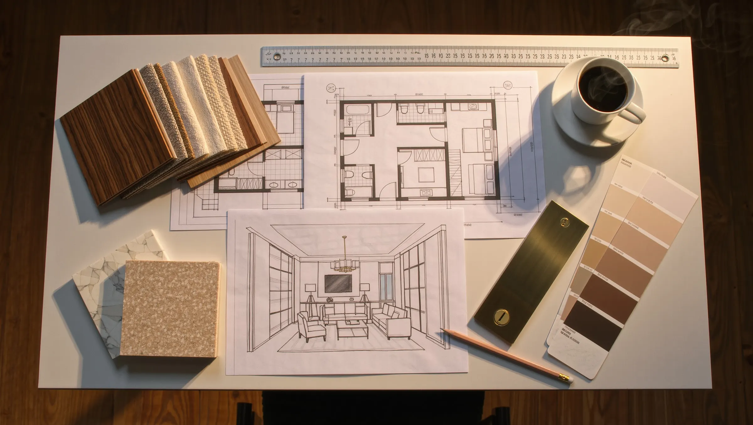 Floor plans, sketches and material samples on a designer’s table