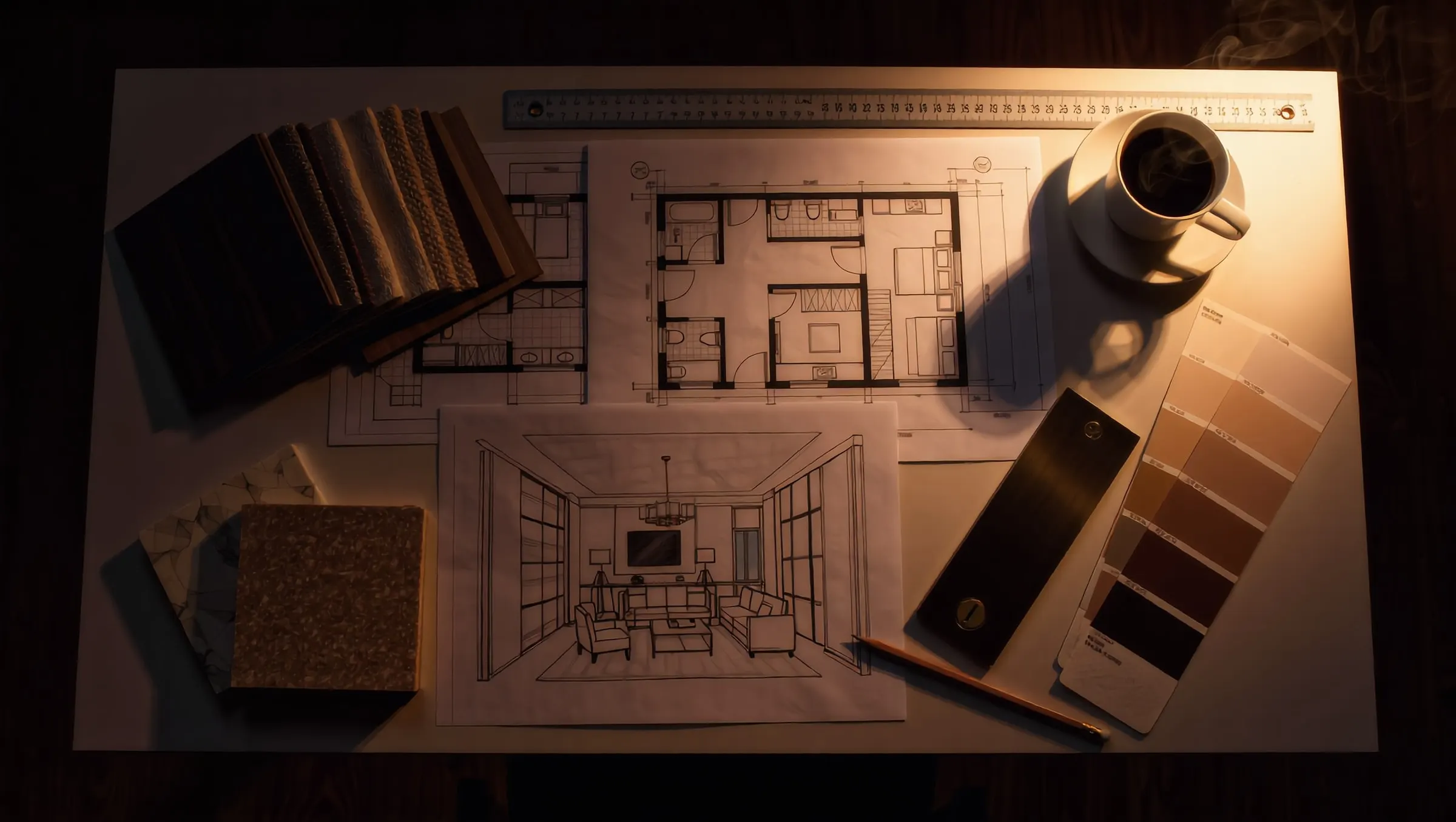 Floor plans, sketches and material samples on a designer’s table