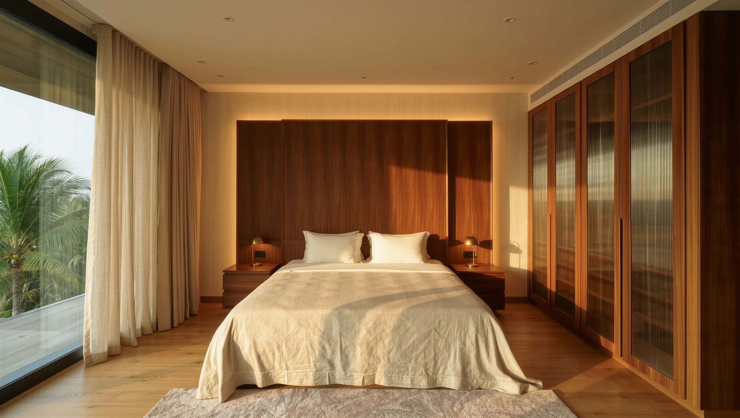 A finished bedroom with a walnut headboard wall and linen bedding