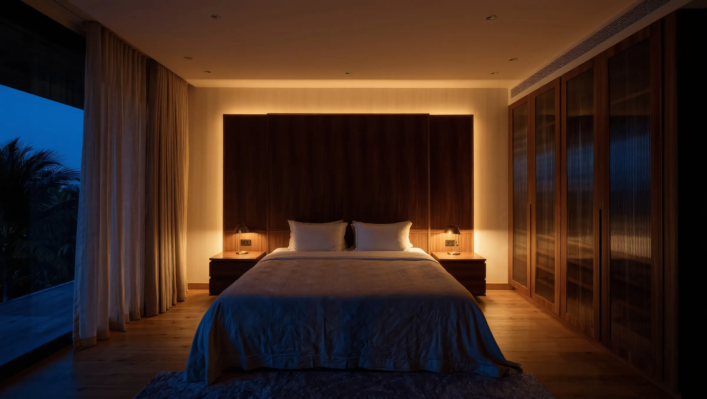 A finished bedroom with a walnut headboard wall and linen bedding
